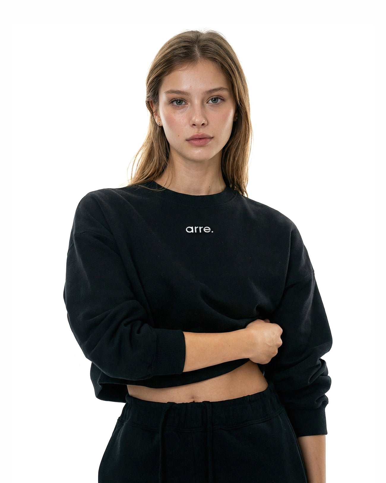 CROPPED RELAXED CREW SWEAT - black